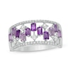 Thumbnail Image 0 of Baguette-Cut Amethyst and White Topaz Zig-Zag and 0.15 CT. T.W. Diamond Open Shank Ring in 10K White Gold