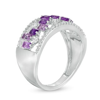 Baguette-Cut Amethyst and White Topaz Zig-Zag and 0.15 CT. T.W. Diamond Open Shank Ring in 10K White Gold