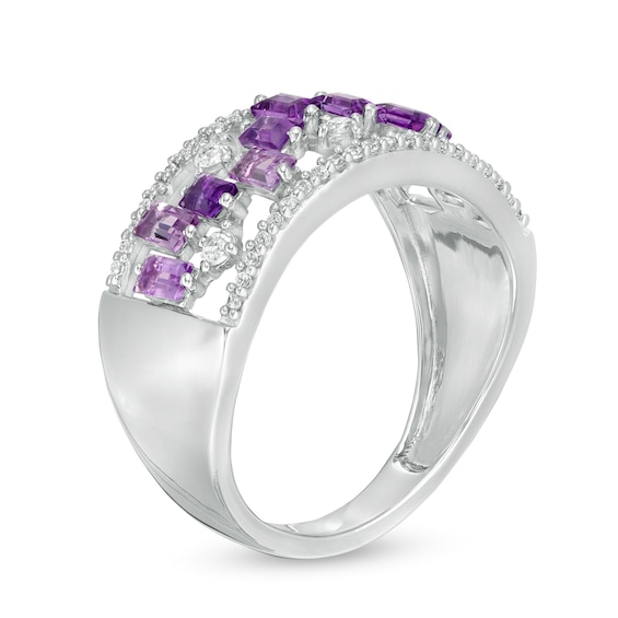 Baguette-Cut Amethyst and White Topaz Zig-Zag and 0.15 CT. T.W. Diamond Open Shank Ring in 10K White Gold