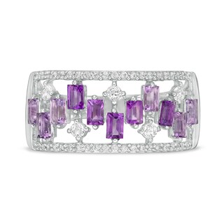 Baguette-Cut Amethyst and White Topaz Zig-Zag and 0.15 CT. T.W. Diamond Open Shank Ring in 10K White Gold