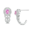 Thumbnail Image 0 of Oval Lab-Created Pink Sapphire and 0.115 CT. T.W. Diamond Double Frame Cascading J-Hoop Earrings in Sterling Silver