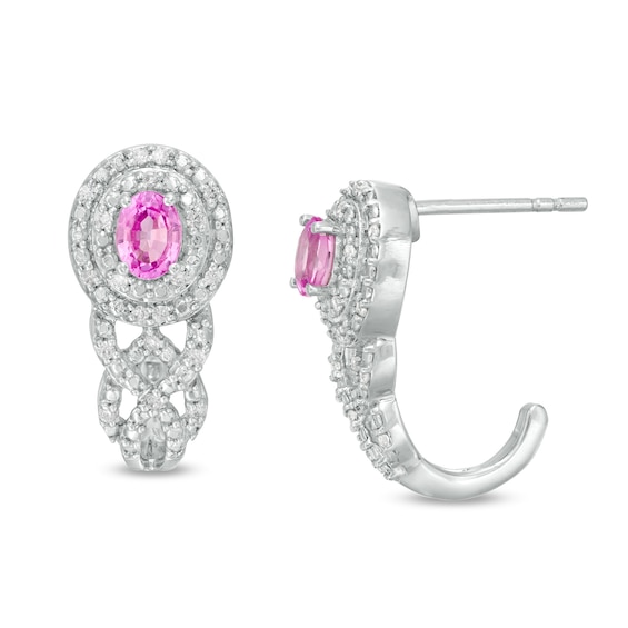 Oval Lab-Created Pink Sapphire and 0.115 CT. T.W. Diamond Double Frame Cascading J-Hoop Earrings in Sterling Silver