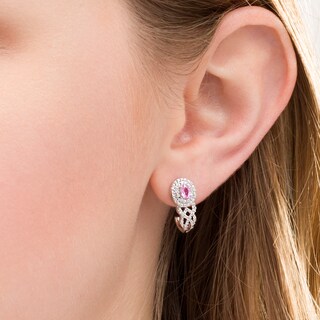 Oval Lab-Created Pink Sapphire and 0.115 CT. T.W. Diamond Double Frame Cascading J-Hoop Earrings in Sterling Silver