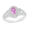 Thumbnail Image 0 of Oval Lab-Created Pink Sapphire and 0.085 CT. T.W. Diamond Double Frame Woven Shank Ring in Sterling Silver