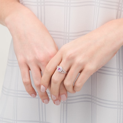 Oval Lab-Created Pink Sapphire and 0.085 CT. T.W. Diamond Double Frame Woven Shank Ring in Sterling Silver