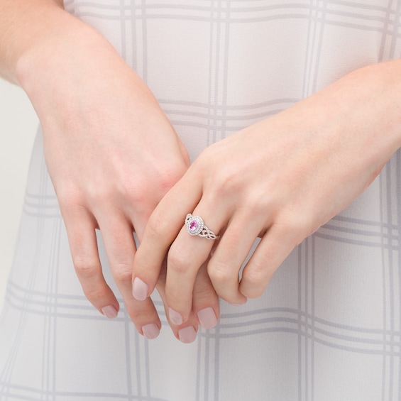 Oval Lab-Created Pink Sapphire and 0.085 CT. T.W. Diamond Double Frame Woven Shank Ring in Sterling Silver