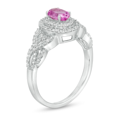 Oval Lab-Created Pink Sapphire and 0.085 CT. T.W. Diamond Double Frame Woven Shank Ring in Sterling Silver