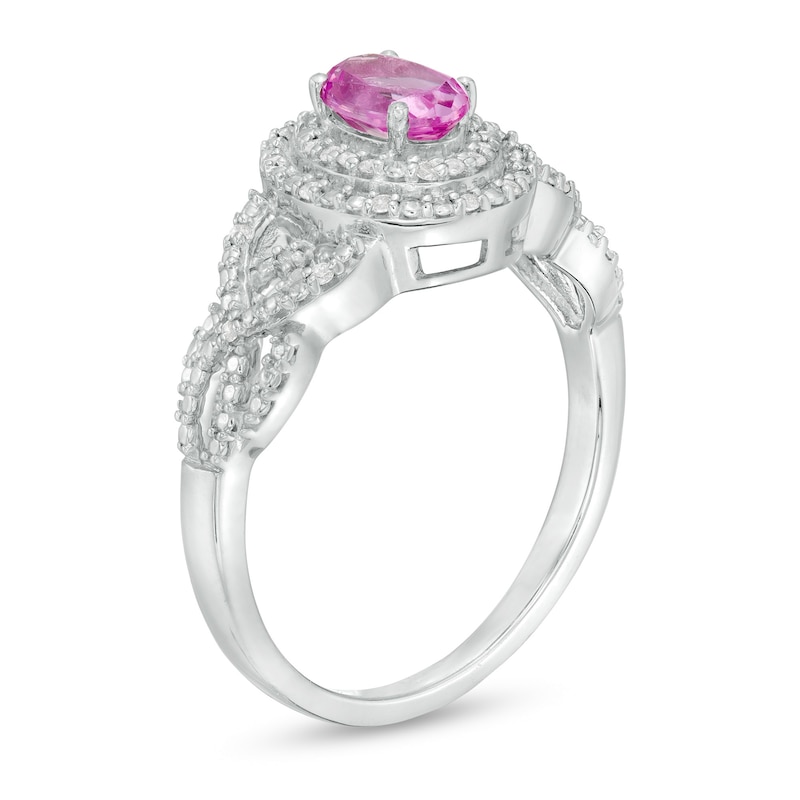 Oval Lab-Created Pink Sapphire and 0.085 CT. T.W. Diamond Double Frame Woven Shank Ring in Sterling Silver|Peoples Jewellers