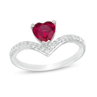 6.0mm Heart-Shaped Lab-Created Ruby and White Sapphire Chevron Ring in Sterling Silver