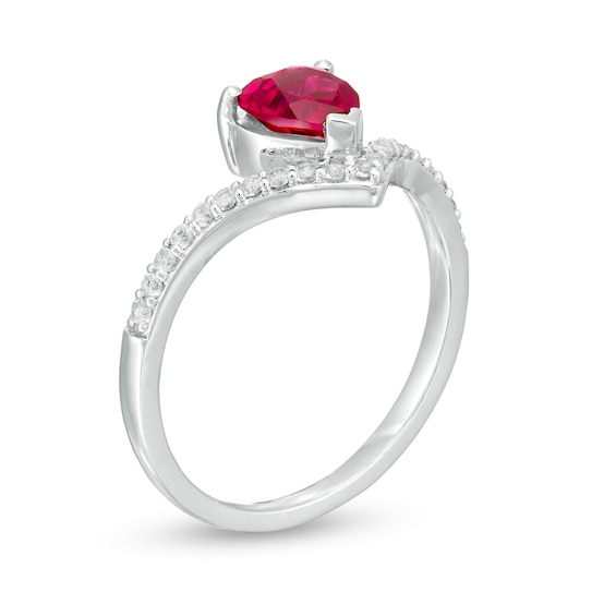 6.0mm Heart-Shaped Lab-Created Ruby and White Sapphire Chevron Ring in Sterling Silver