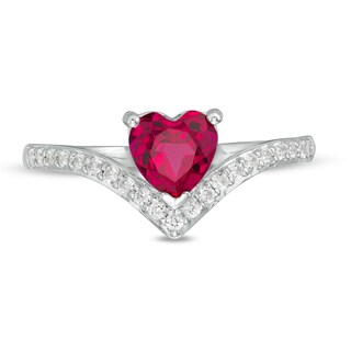 6.0mm Heart-Shaped Lab-Created Ruby and White Sapphire Chevron Ring in Sterling Silver