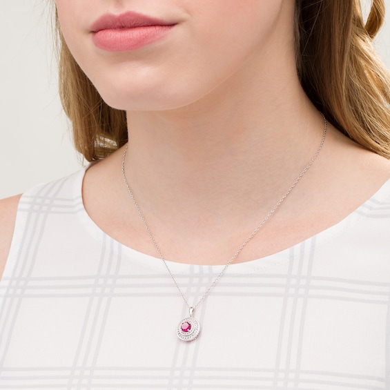 6.0mm Lab-Created Ruby and White Sapphire Double Frame Pendant in Sterling Silver