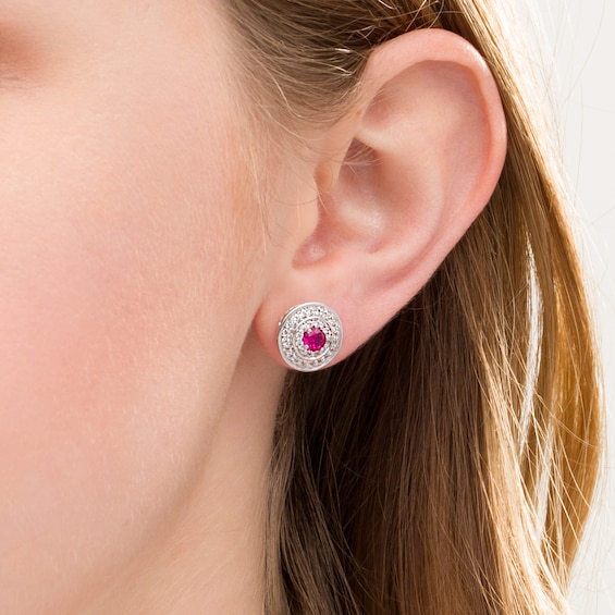 4.0mm Lab-Created Ruby and White Sapphire Double Frame Stud Earrings in Sterling Silver