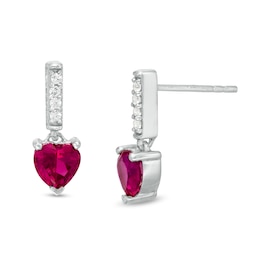 5.0mm Heart-Shaped Lab-Created Ruby and White Sapphire Line Drop Earrings in Sterling Silver