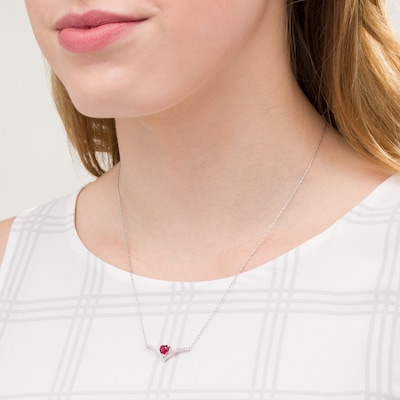 6.0mm Heart-Shaped Lab-Created Ruby and White Sapphire Chevron Necklace in Sterling Silver