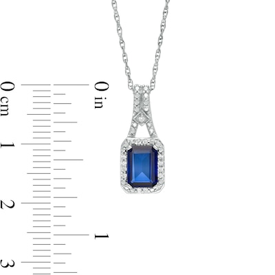 Emerald-Cut Lab-Created Blue Sapphire and 0.04 CT. T.W. Diamond Frame Drop Pendant in Sterling Silver