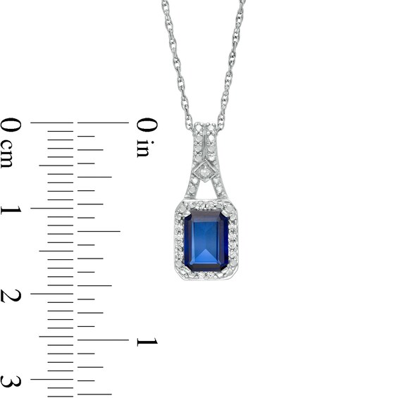 Emerald-Cut Lab-Created Blue Sapphire and 0.04 CT. T.W. Diamond Frame Drop Pendant in Sterling Silver