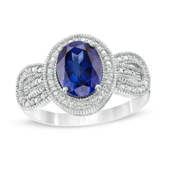 Oval Lab-Created Blue Sapphire and 0.065 CT. T.W. Diamond Vintage-Style Buckle Loop Ring in Sterling Silver