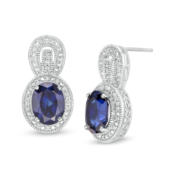 Oval Lab-Created Blue Sapphire and 0.115 CT. T.W. Diamond Frame Vintage-Style Buckle Drop Earrings in Sterling Silver