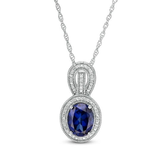 Oval Lab-Created Blue Sapphire and 0.065 CT. T.W. Diamond Frame Vintage-Style Drop Pendant in Sterling Silver