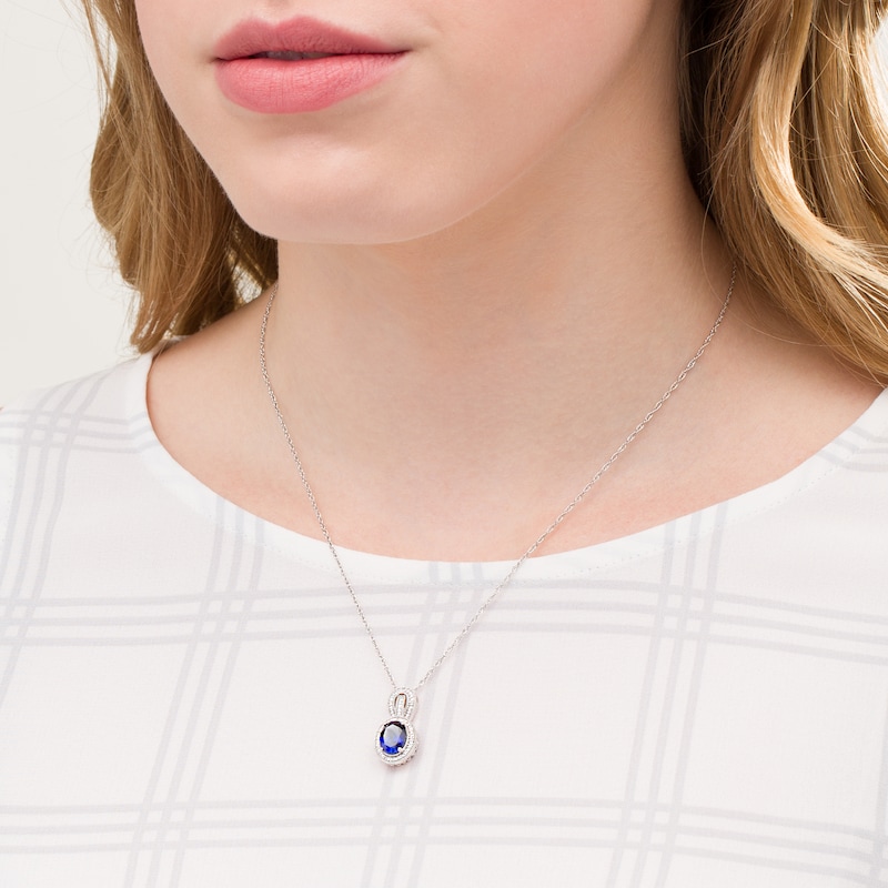 Oval Lab-Created Blue Sapphire and 0.065 CT. T.W. Diamond Frame Vintage-Style Drop Pendant in Sterling Silver|Peoples Jewellers