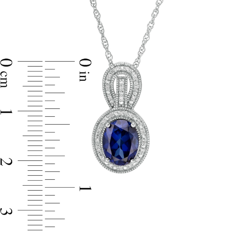 Oval Lab-Created Blue Sapphire and 0.065 CT. T.W. Diamond Frame Vintage-Style Drop Pendant in Sterling Silver|Peoples Jewellers