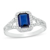 Thumbnail Image 0 of Emerald-Cut Lab-Created Blue Sapphire and 0.04 CT. T.W. Diamond Frame Split Shank Ring in Sterling Silver