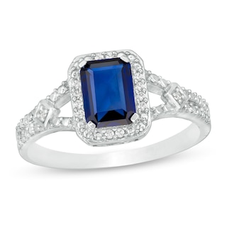 Emerald-Cut Lab-Created Blue Sapphire and 0.04 CT. T.W. Diamond Frame Split Shank Ring in Sterling Silver