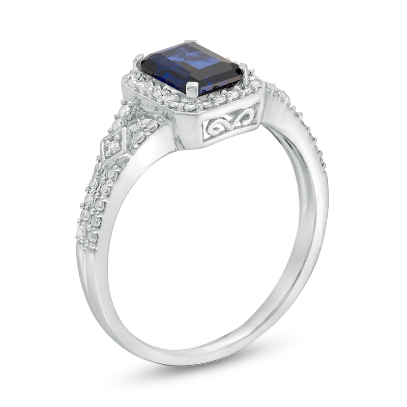 Emerald-Cut Lab-Created Blue Sapphire and 0.04 CT. T.W. Diamond Frame Split Shank Ring in Sterling Silver