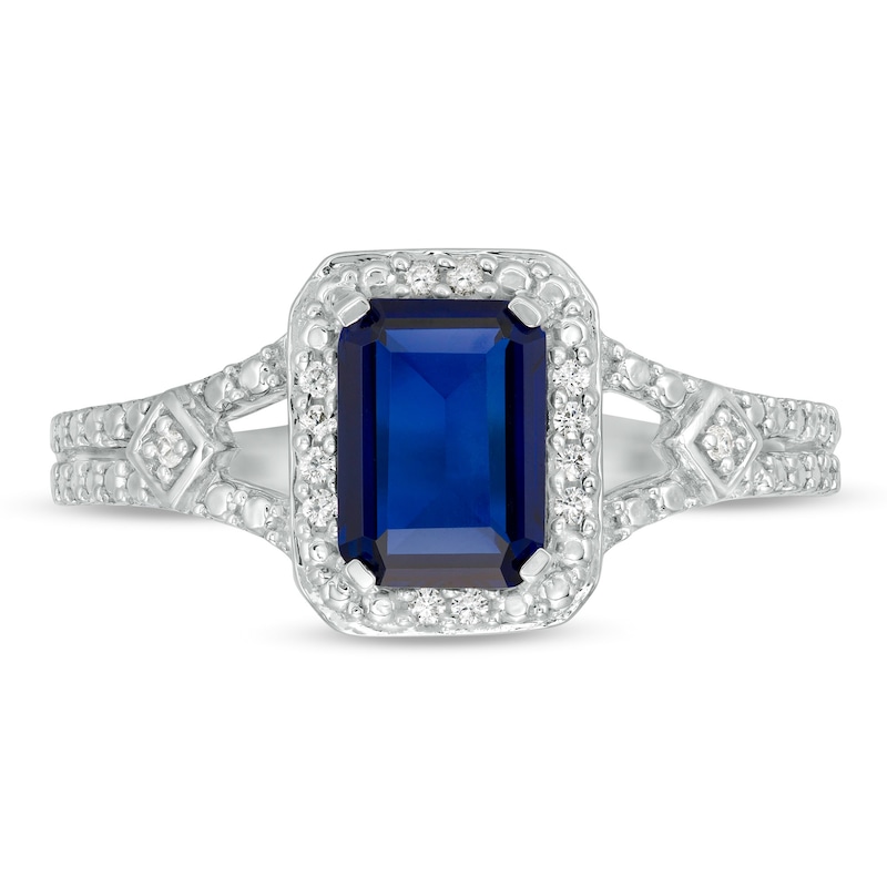 Emerald-Cut Lab-Created Blue Sapphire and 0.04 CT. T.W. Diamond Frame Split Shank Ring in Sterling Silver