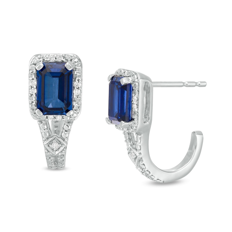 Emerald-Cut Lab-Created Blue Sapphire and 0.04 CT. T.W. Diamond Frame J-Hoop Earrings in Sterling Silver|Peoples Jewellers