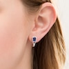 Thumbnail Image 1 of Emerald-Cut Lab-Created Blue Sapphire and 0.04 CT. T.W. Diamond Frame J-Hoop Earrings in Sterling Silver