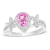 Thumbnail Image 0 of Pear-Shaped Lab-Created Pink Sapphire and 0.04 CT. T.W. Diamond Frame Butterfly Ring in Sterling Silver