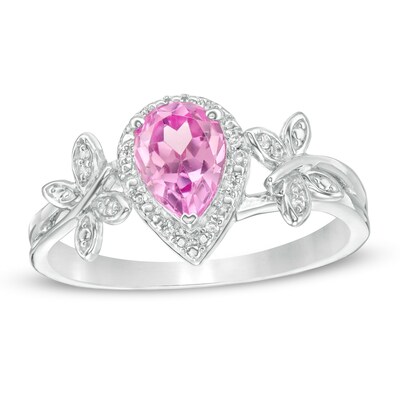 Pear-Shaped Lab-Created Pink Sapphire and 0.04 CT. T.W. Diamond Frame Butterfly Ring in Sterling Silver