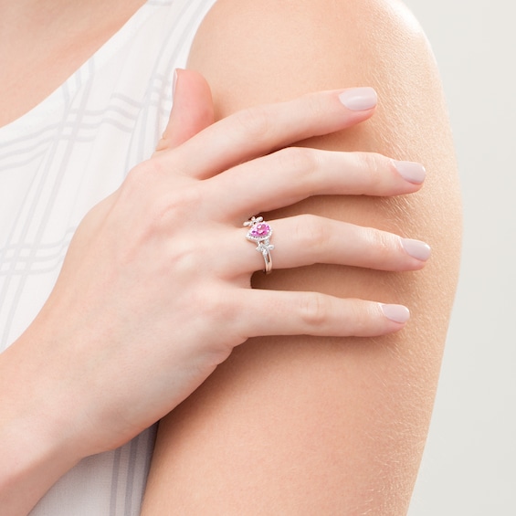 Pear-Shaped Lab-Created Pink Sapphire and 0.04 CT. T.W. Diamond Frame Butterfly Ring in Sterling Silver