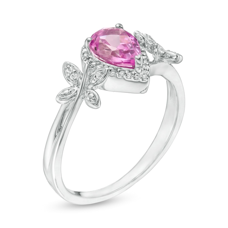 Pear-Shaped Lab-Created Pink Sapphire and 0.04 CT. T.W. Diamond Frame Butterfly Ring in Sterling Silver|Peoples Jewellers