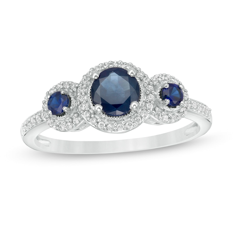 Blue Sapphire and 0.15 CT. T.W. Diamond Frame Three Stone Ring in 10K White Gold|Peoples Jewellers