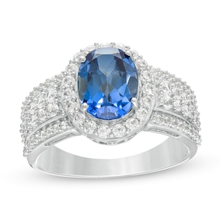 Oval Lab-Created Blue and White Sapphire Frame Multi-Row Ring in Sterling Silver