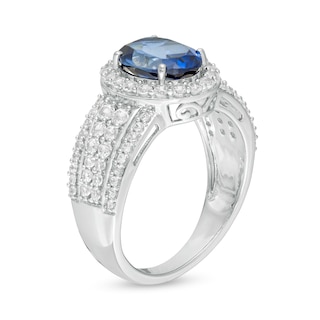 Oval Lab-Created Blue and White Sapphire Frame Multi-Row Ring in Sterling Silver