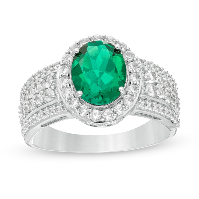 Main Image 1 of Oval Lab-Created Emerald and White Sapphire Frame Multi-Row Ring in Sterling Silver