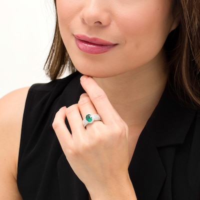 Oval Lab-Created Emerald and White Sapphire Frame Multi-Row Ring in Sterling Silver