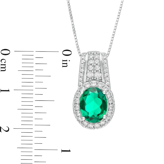 Oval Lab-Created Emerald and White Sapphire Drop Pendant in Sterling Silver