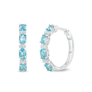 Oval Swiss Blue Topaz and Lab-Created White Sapphire Hoop Earrings in Sterling Silver