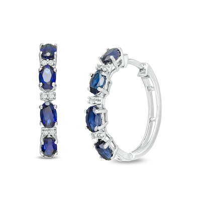 Oval Lab-Created Blue and White Sapphire Hoop Earrings in Sterling Silver