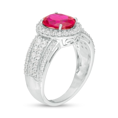 Oval Lab-Created Ruby and White Sapphire Frame Multi-Row Ring in Sterling Silver