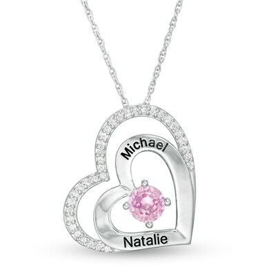 5.0mm Simulated Birthstone and Lab-Created White Sapphire Double Heart Pendant in Sterling Silver (1 Stone and 2 Lines)