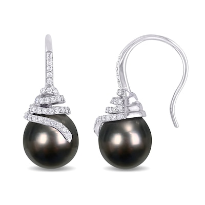 10.0-10.5mm Baroque Black Tahitian Cultured Pearl and 0.32 CT. T.W. Diamond Coil Drop Earrings in 14K White Gold