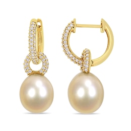 9.0-9.5mm Baroque Golden South Sea Cultured Pearl and 0.51 CT. T.W. Diamond Huggie Hoop Earrings in 14K Gold