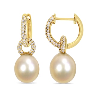 9.0-9.5mm Baroque Golden South Sea Cultured Pearl and 0.51 CT. T.W. Diamond Huggie Hoop Earrings in 14K Gold