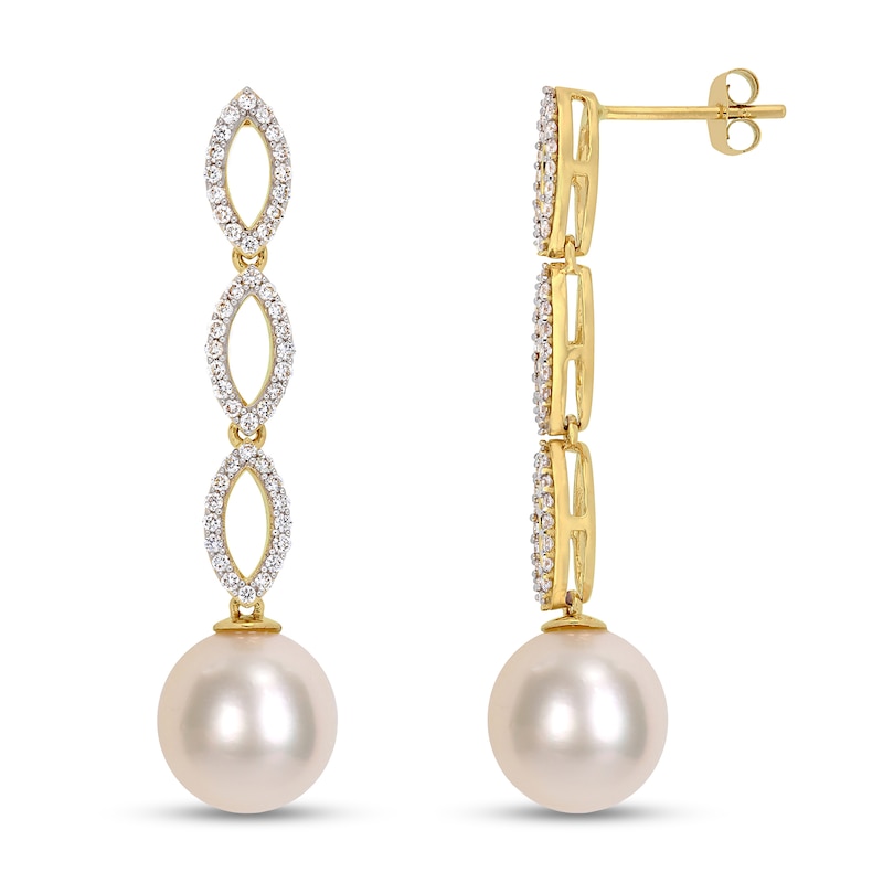 10.0-10.5mm South Sea Cultured Pearl and 0.48 CT. T.W. Diamond Marquise Link Drop Earrings in 14K Gold|Peoples Jewellers